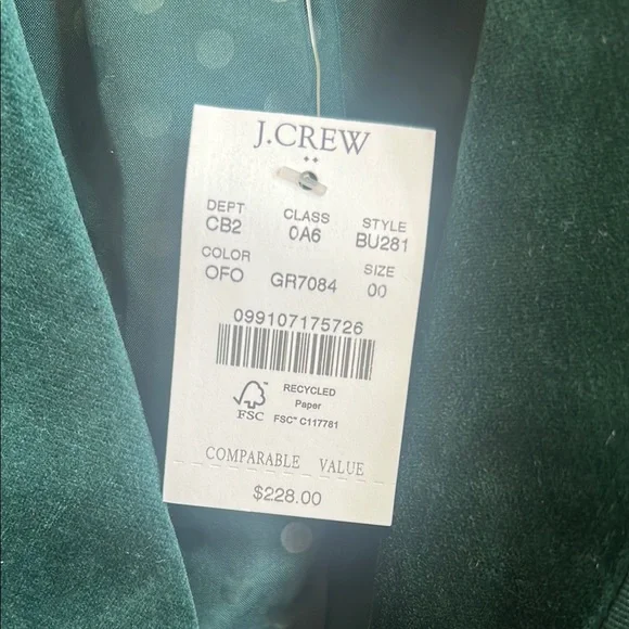 J. Crew Women's Green Velvet Blazer Size 00 New With Tag